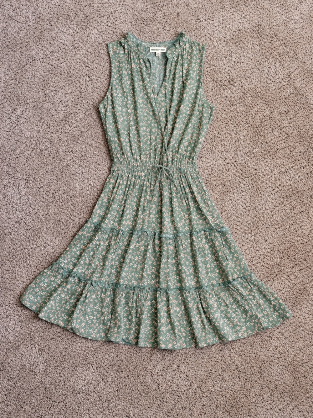 Charmed Hearts Sleeveless Green Floral Tiered Midi Dress with Tie